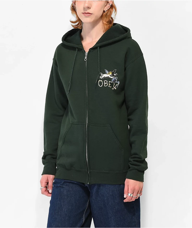 Obey Watering Can 3 Cherub Forest Green Zip Hoodie