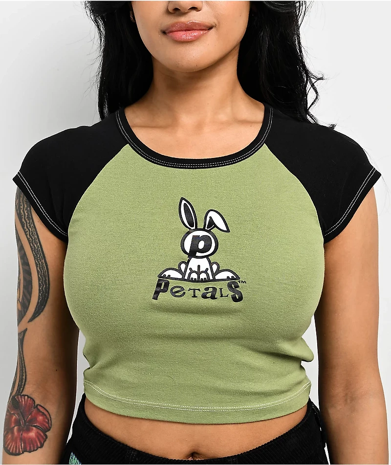 Petals By And Peacocks Bunny Green Raglan Crop T-Shirt