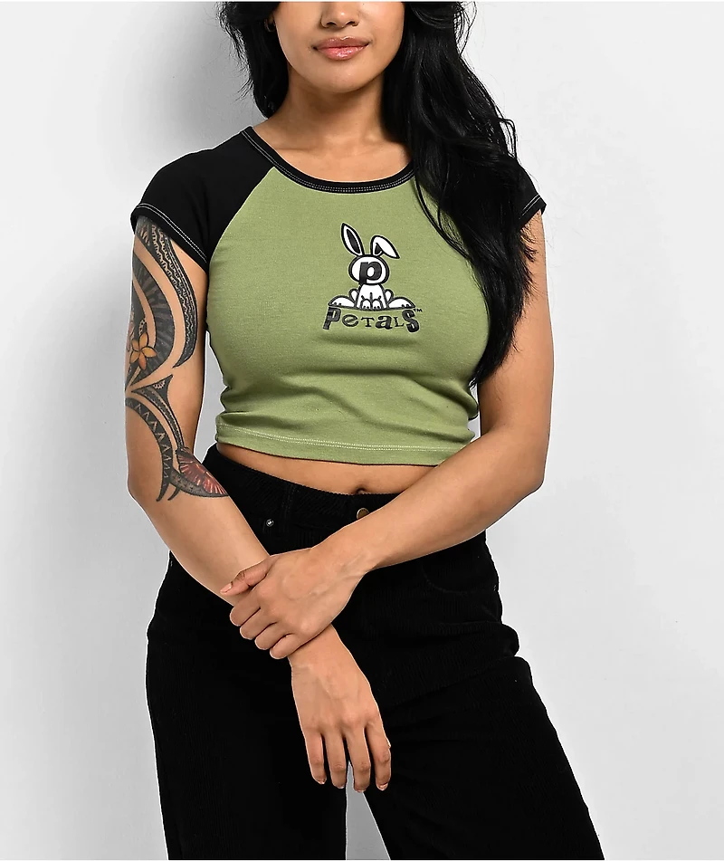 Petals By And Peacocks Bunny Green Raglan Crop T-Shirt
