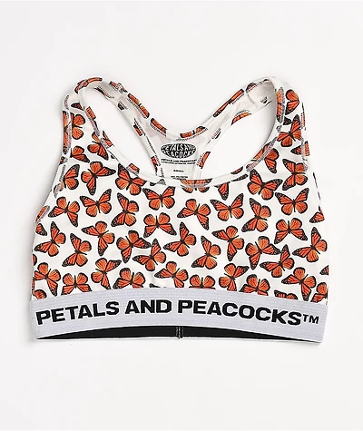 Petals and Peacocks Butterfly White Sports Bra