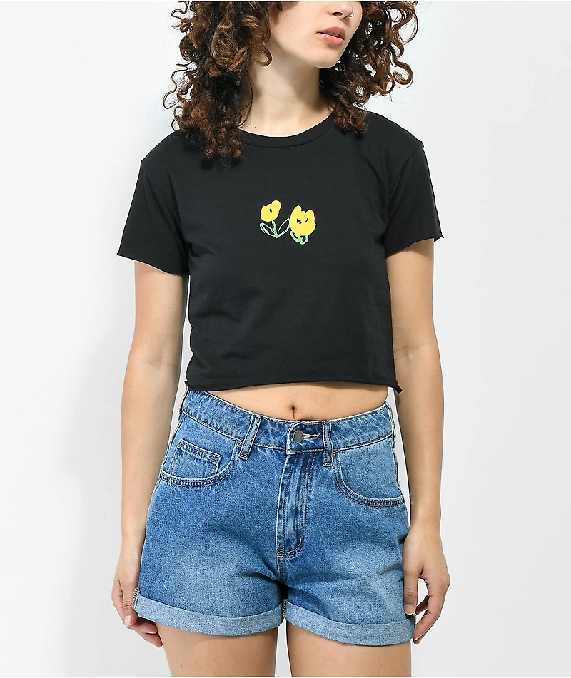 Petals and Peacocks Flower Power Black Crop T-Shirt