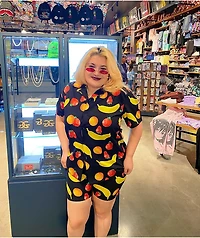 Petals and Peacocks Mixed Fruit Short Sleeve Button Up Shirt