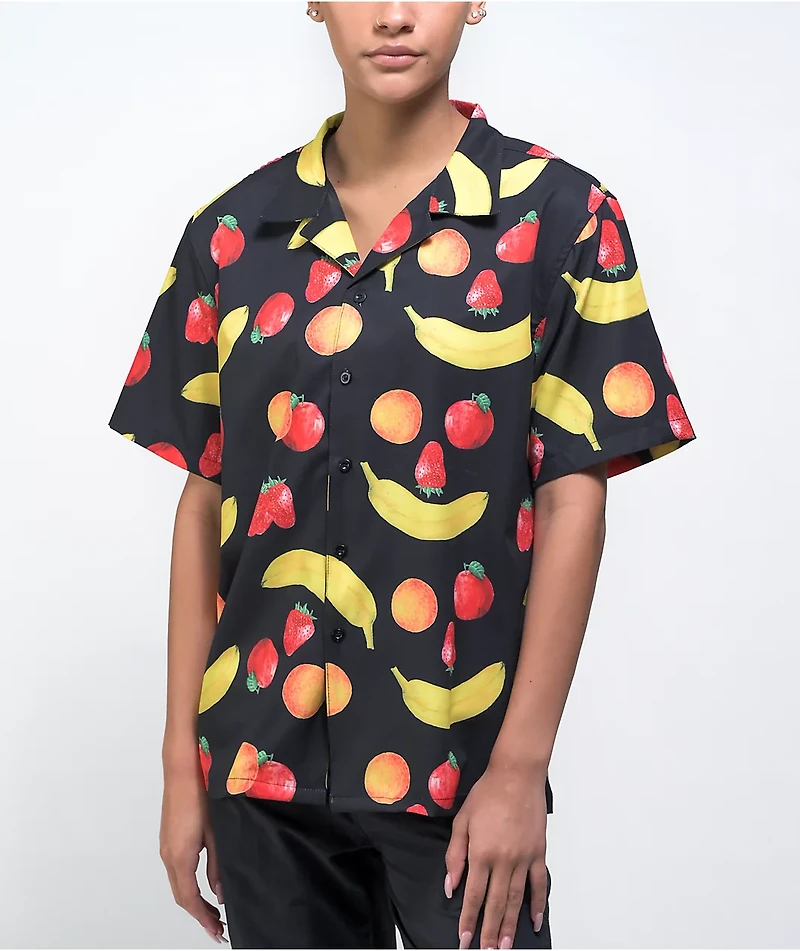 Petals and Peacocks Mixed Fruit Short Sleeve Button Up Shirt