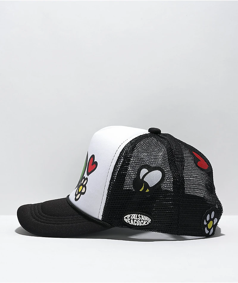 Petals and Peacocks Peace Airbrush Black & White Trucker Hat