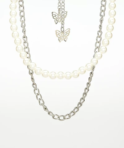 Petals and Peacocks Pearl & Butterfly 10" Silver Chain & Pearl Necklace