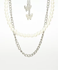 Petals and Peacocks Pearl & Butterfly 10" Silver Chain & Pearl Necklace