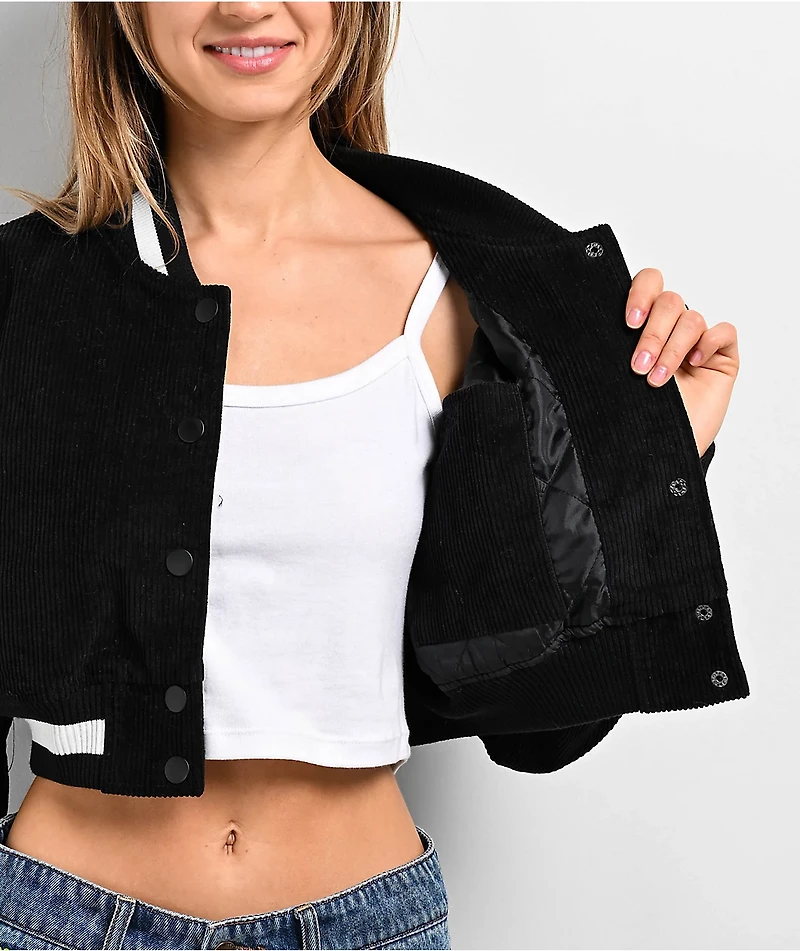 Petals by & Peacocks Billie Black Corduroy Crop Varsity Jacket