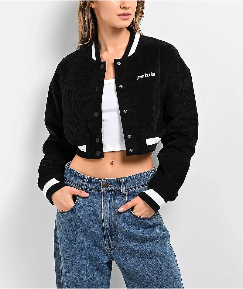 Petals by & Peacocks Billie Black Corduroy Crop Varsity Jacket
