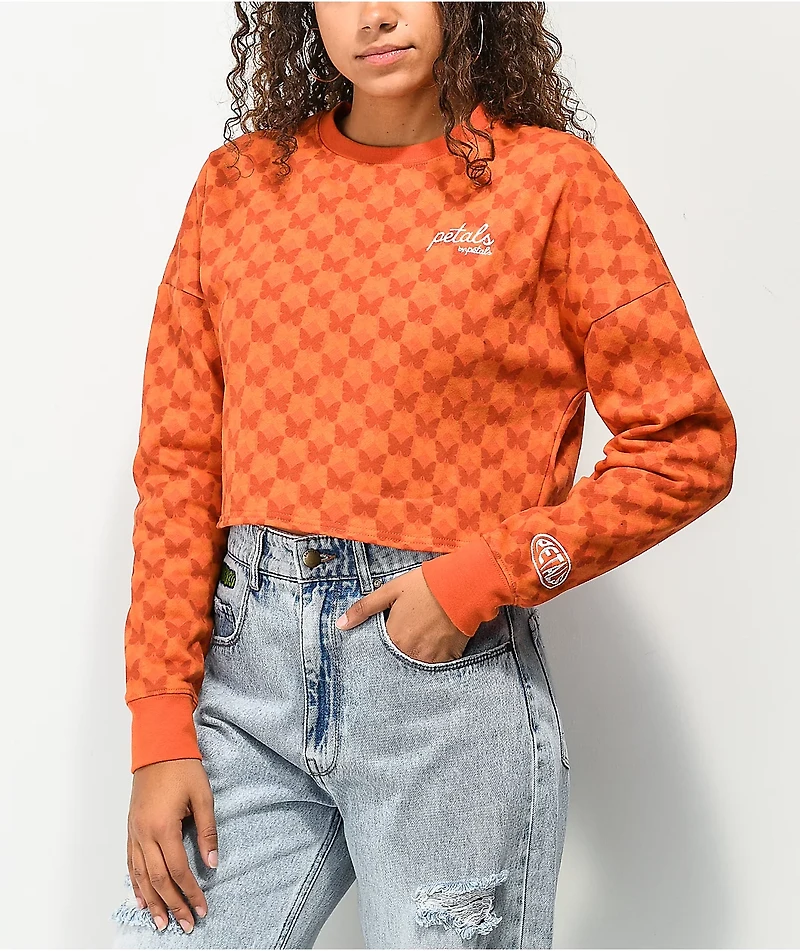 Petals by and Peacocks Butterfly Checkered Orange Crop Crewneck Sweatshirt