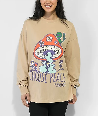 Petals by and Peacocks Choose Peace Mushroom Tan Long Sleeve T-Shirt