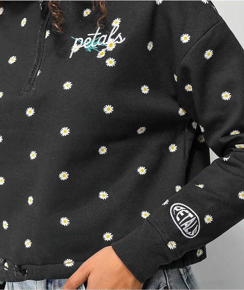 Petals by and Peacocks Daisy Garden Black Quarter Zip Sweatshirt