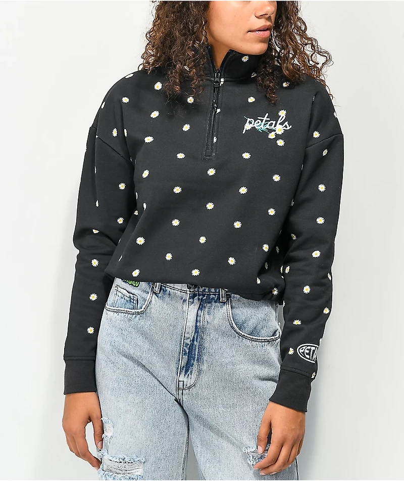 Petals by and Peacocks Daisy Garden Black Quarter Zip Sweatshirt