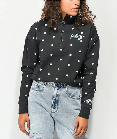 Petals by and Peacocks Daisy Garden Black Quarter Zip Sweatshirt