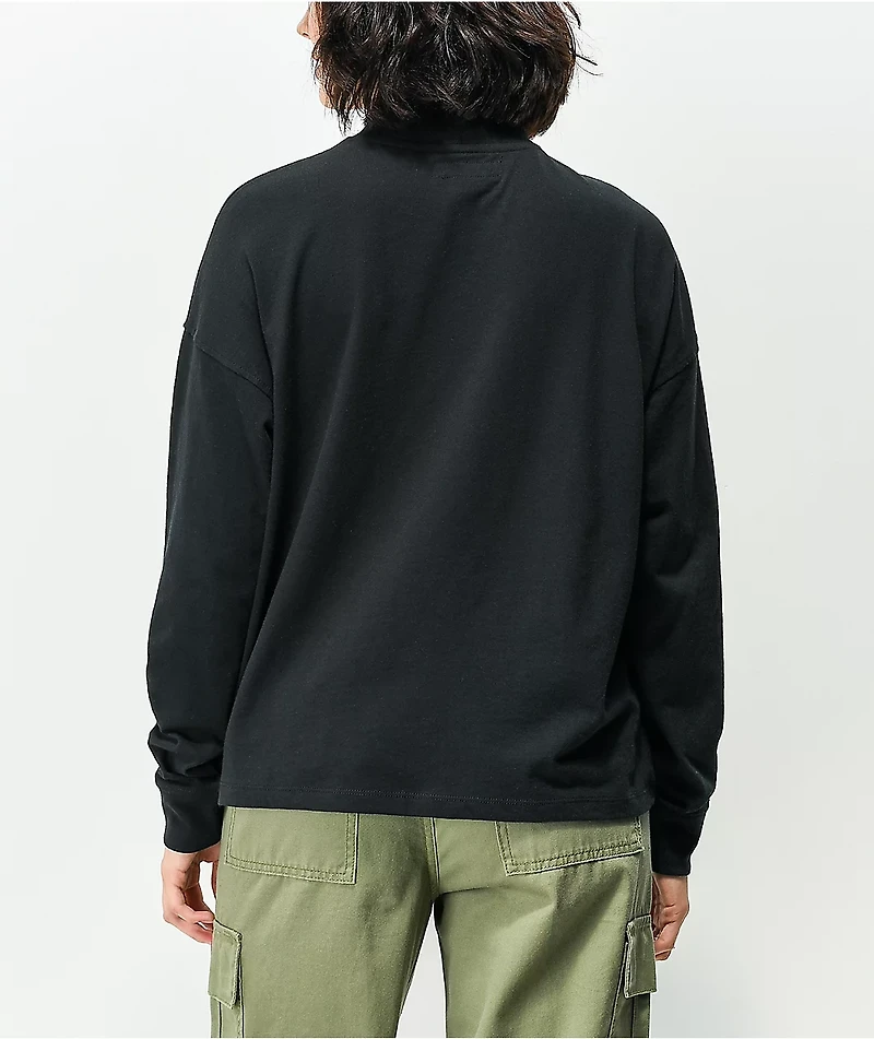 Petals by and Peacocks Daisy Script Mockneck Black Long Sleeve T-Shirt