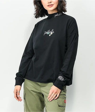Petals by and Peacocks Daisy Script Mockneck Black Long Sleeve T-Shirt