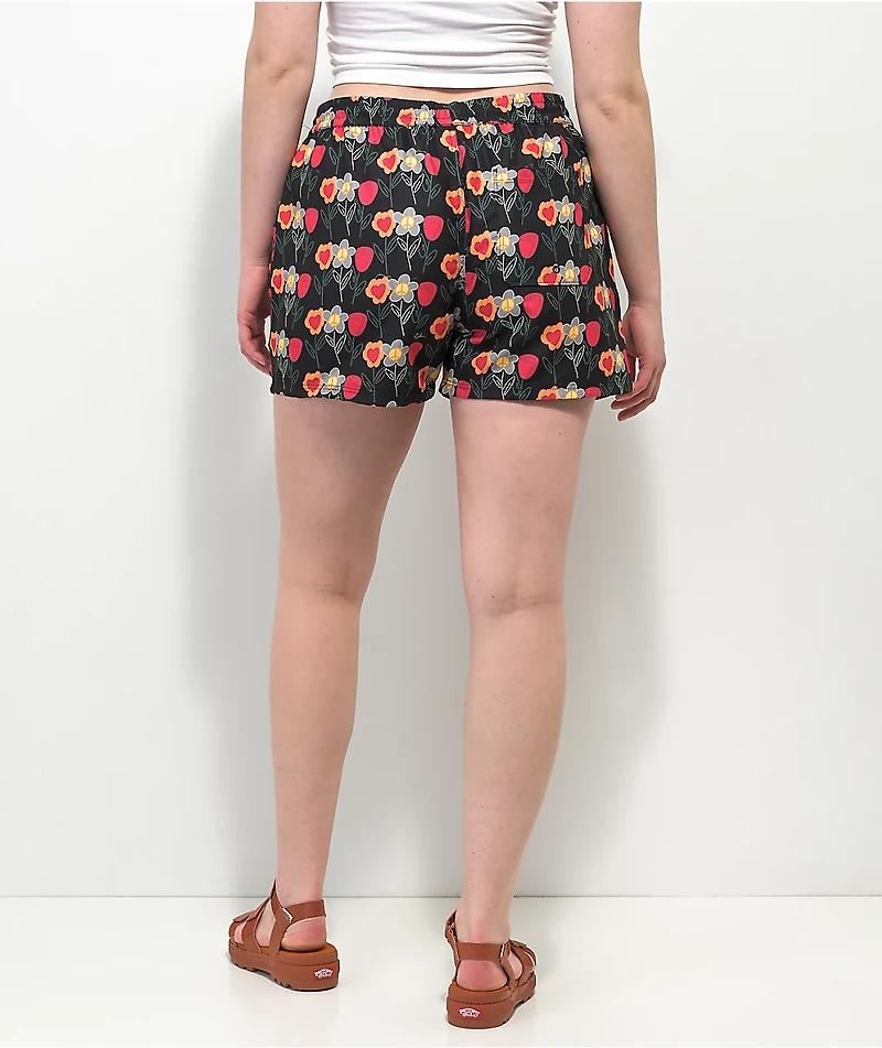 Petals by and Peacocks Flower Print Black Board Shorts