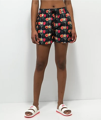 Petals by and Peacocks Flower Print Black Board Shorts
