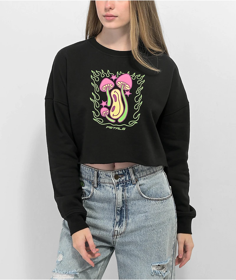 Petals by and Peacocks Happy Trip Black Cropped Crewneck Sweatshirt