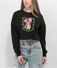 Petals by and Peacocks Happy Trip Black Cropped Crewneck Sweatshirt
