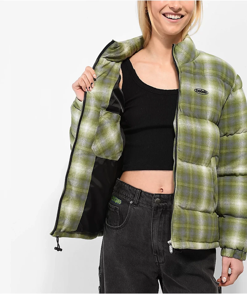 Petals by and Peacocks Haze Green Flannel Puffer Jacket