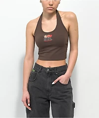 Petals by and Peacocks Peace Love Club Brown Halter Top