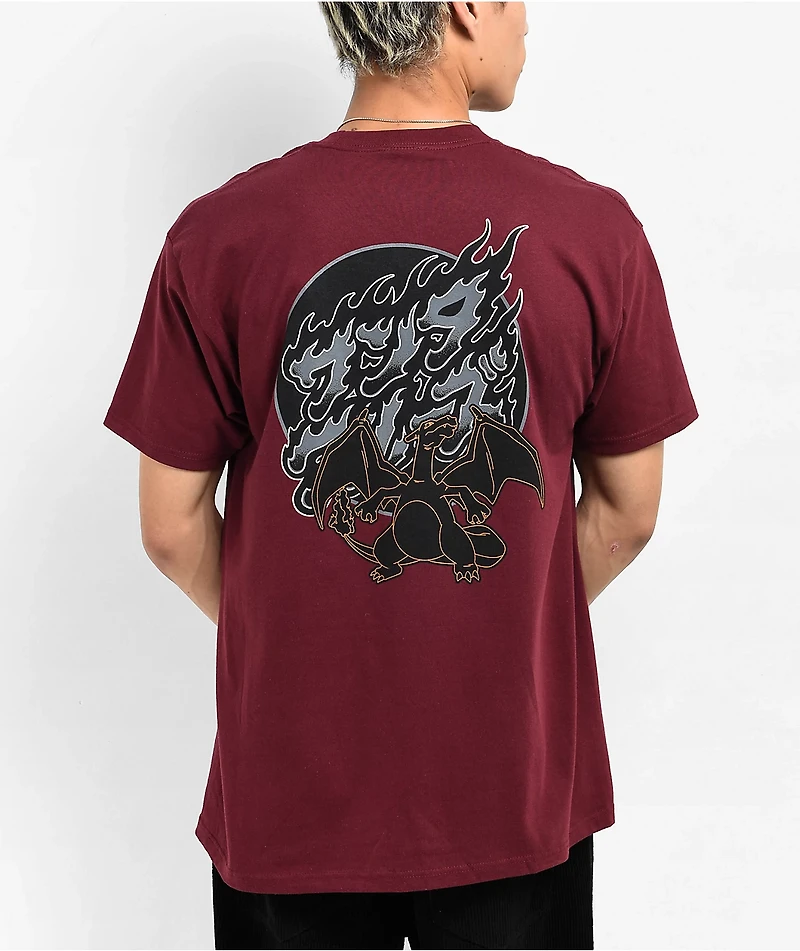 Pokemon & Santa Cruz Fire Type 3 Men's Burgundy T-Shirt