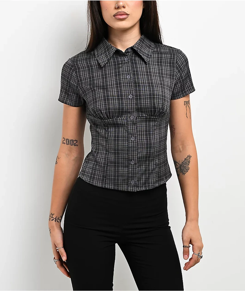 Pretty Garbage Colette Navy Plaid Crop Button Up Shirt