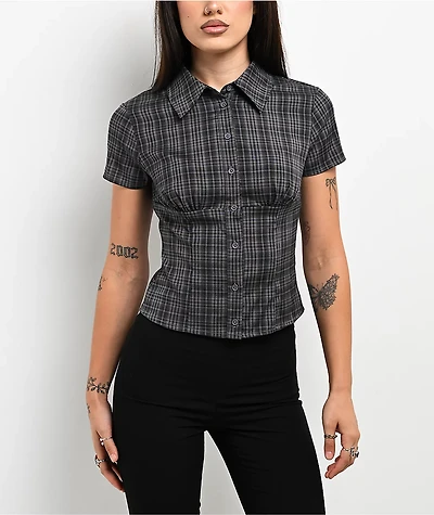 Pretty Garbage Colette Navy Plaid Crop Button Up Shirt