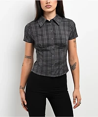 Pretty Garbage Colette Navy Plaid Crop Button Up Shirt