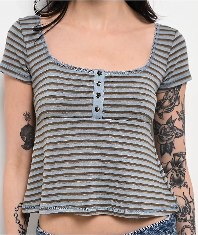 Pretty Garbage Juno Blue Henley Crop T-Shirt