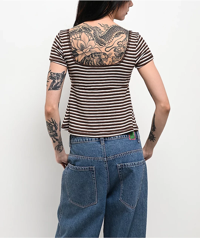 Pretty Garbage Juno Brown Henley Crop T-Shirt