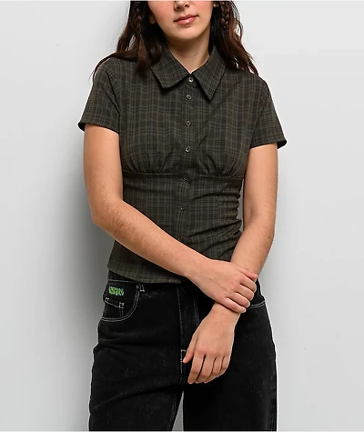 Pretty Garbage Loraine Olive Button Up Crop Shirt
