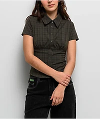Pretty Garbage Loraine Olive Button Up Crop Shirt