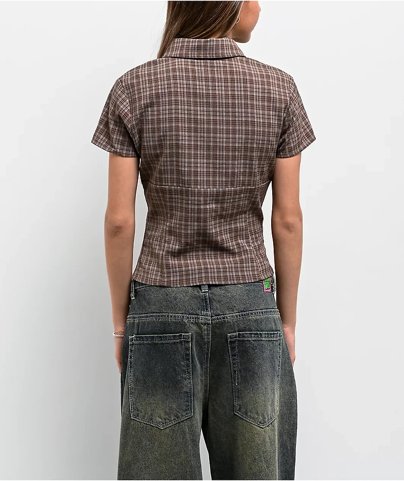 Pretty Garbage Lorane Brown Plaid Crop Button Up Shirt