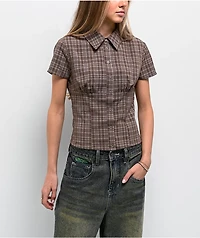 Pretty Garbage Lorane Brown Plaid Crop Button Up Shirt