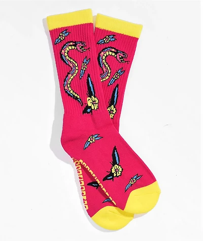 Psockadelic Snake Flowers Pink Crew Socks