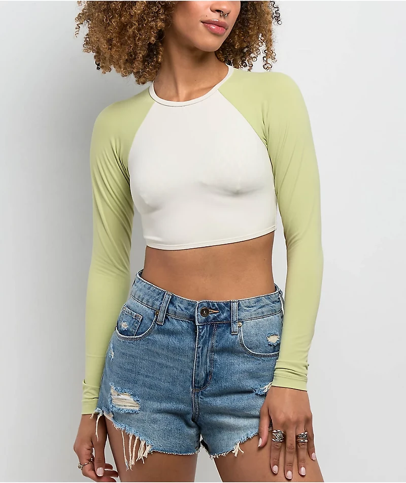 Quiksilver Pipeline Green & White Long Sleeve Crop Swim Top