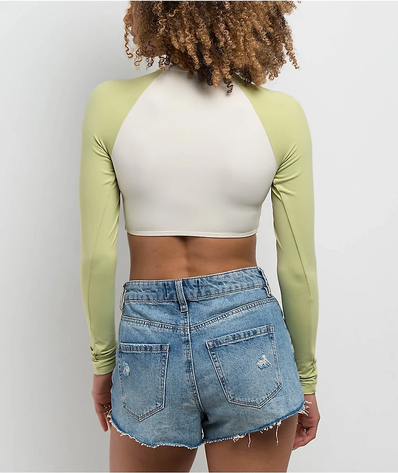Quiksilver Pipeline Green & White Long Sleeve Crop Swim Top