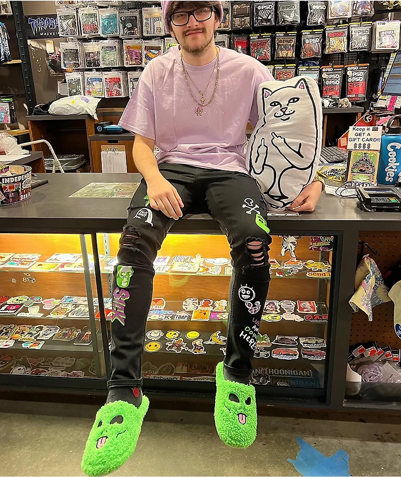 RIPNDIP Alien Face Green Fuzzy Slide Slippers