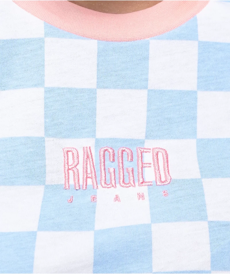 Ragged Priest Blue & White Checkerboard Ringer Crop T-Shirt