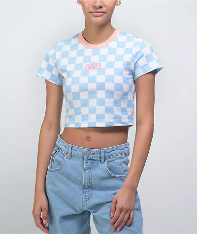 Ragged Priest Blue & White Checkerboard Ringer Crop T-Shirt