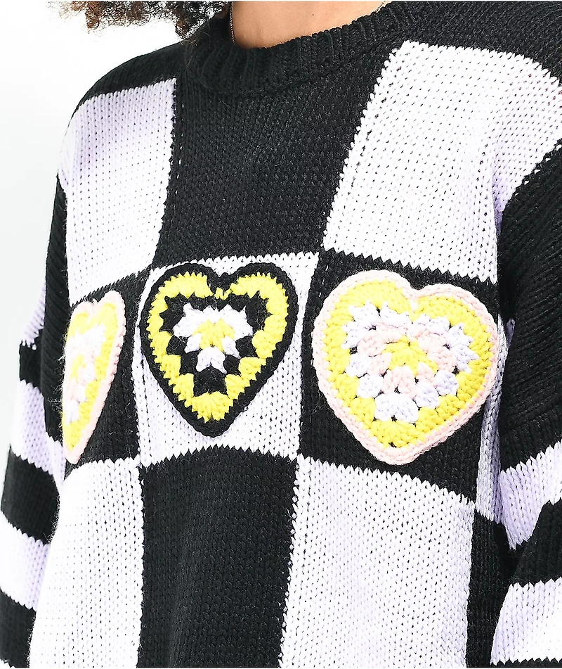 Ragged Priest Buddy Hearts Purple & Black Crewneck Knit Sweater
