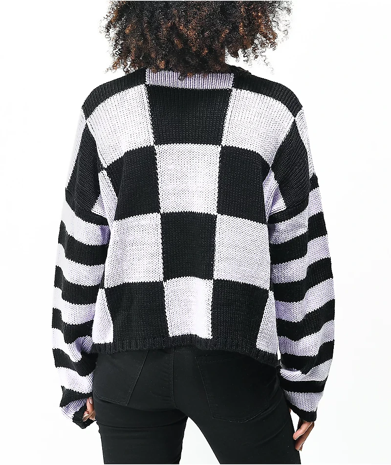 Ragged Priest Buddy Hearts Purple & Black Crewneck Knit Sweater