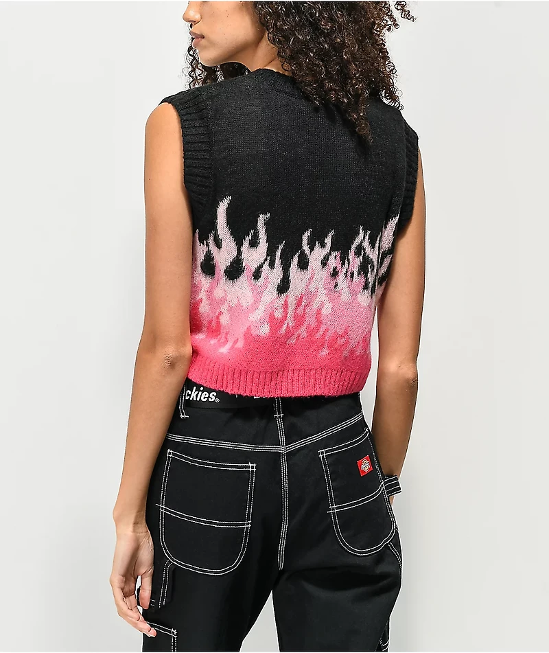 Ragged Priest Burnout Flame Black & Pink Crop Sweater Vest