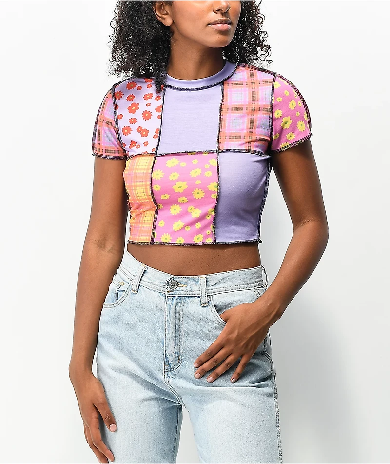 Ragged Priest Neato Panel Pattern Purple Crop Top