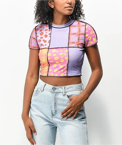 Ragged Priest Neato Panel Pattern Purple Crop Top