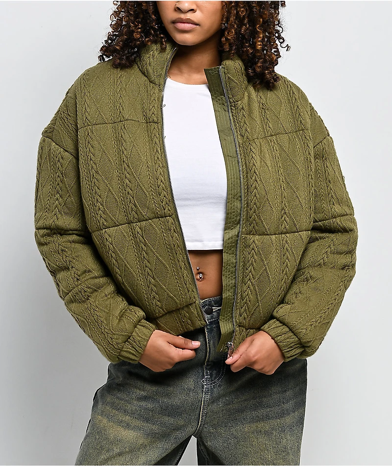 Rebel Veil Cable Knit Green Puffer Jacket
