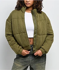 Rebel Veil Cable Knit Green Puffer Jacket