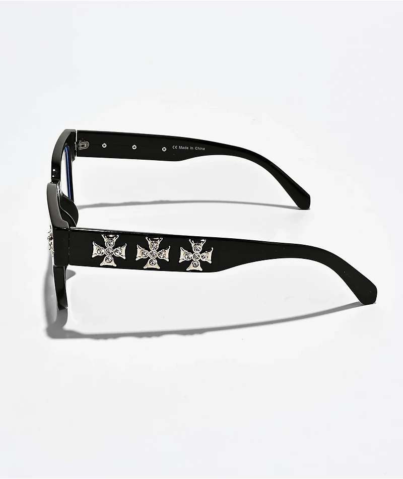 Rhinestone Cross Black Glasses