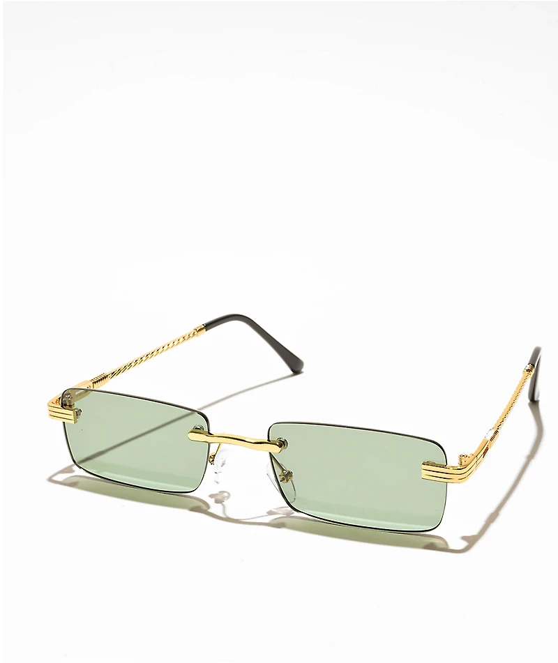 Rimless Braid Green & Gold Rectangle Sunglasses